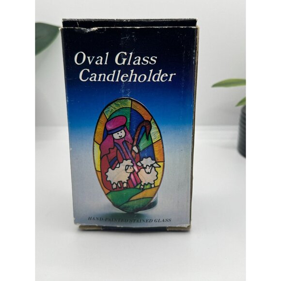 Stained Glass Poinsettia Oval Panel Candle Holder Decor On Textured Glass - Picture 8 of 10